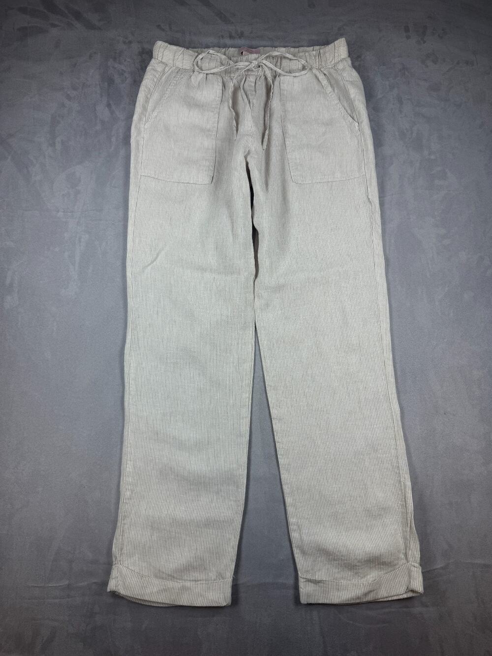 St. Tropez 100% Linen Wide Leg Pants Women’s Medium Beige/White Beach Resort
